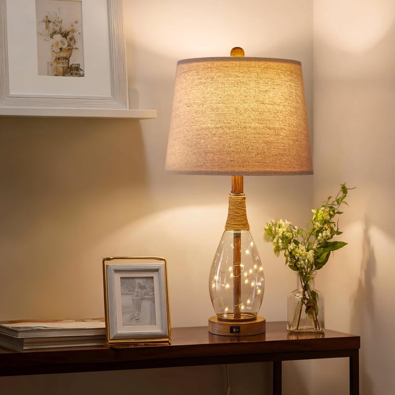 OYEARS Wood-Like Bedside Table Lamp with USB, Farmhouse Nightstand Lamps for Bedroom, Retro Rattan Table Lamps for Night Stands, Living Room, Boho Table Lamp with Glass Nightlight Lamps, Bulb Included - Image 2